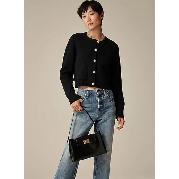 J. Crew Emilie Sweater Lady Jacket Gold Button Pocket Cropped Cardigan Black - Picture 11 of 11